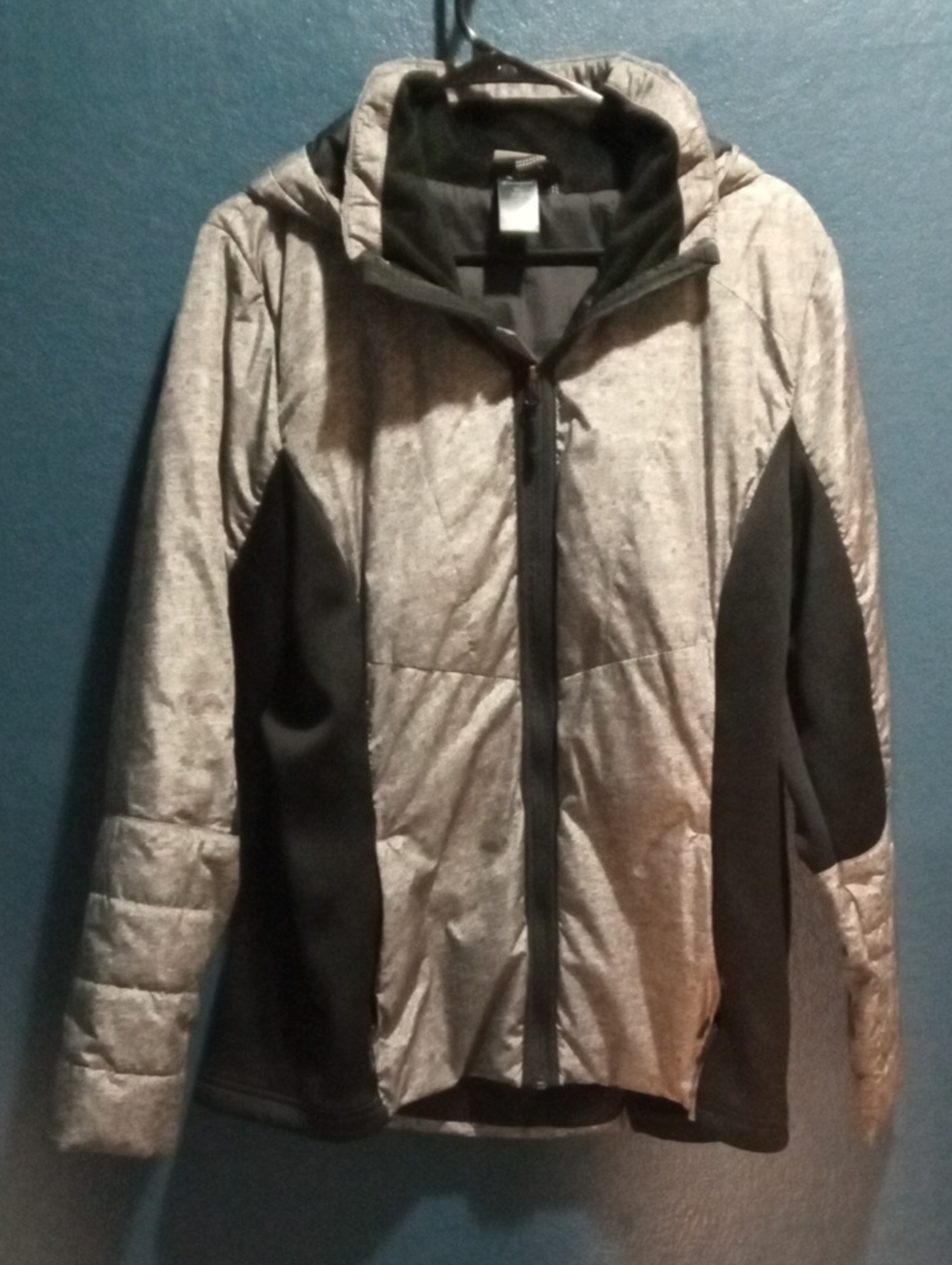 Champion Two-Tone Quilted Hooded Puffer Jacket in Gray and Black